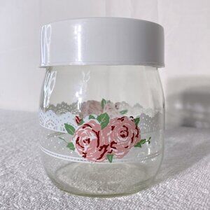 Vintage Carlton Glass Canister 3/4L Pink Victorian Rose Jar W Plastic Lid